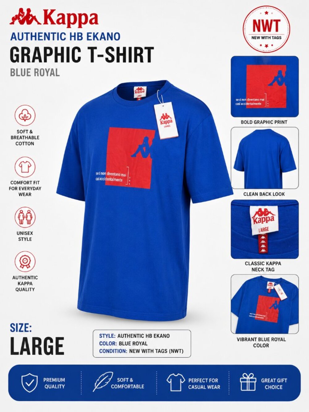 NWT Kappa Authentic HB Ekano Graphic T-Shirt Blue Royal Size L